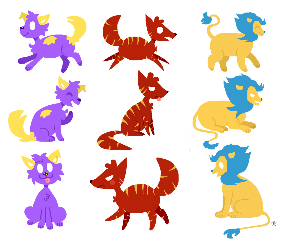 Three columns of characters on a character design sheet: one of a purple dog in various poses, one of a red fox in various poses, and one of a yellow lion in various poses.