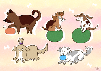 Five dog designs: a German shepherd, a beagle, a basset hound, a fluffy dog with a bow, and a terrier